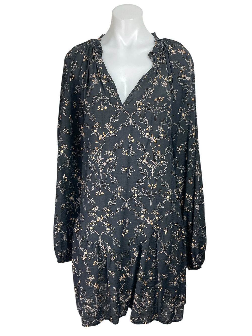 H&M Women Black Floral Ruffle V Neck Pleated Long Sleeve Mini Swing Dress Size L